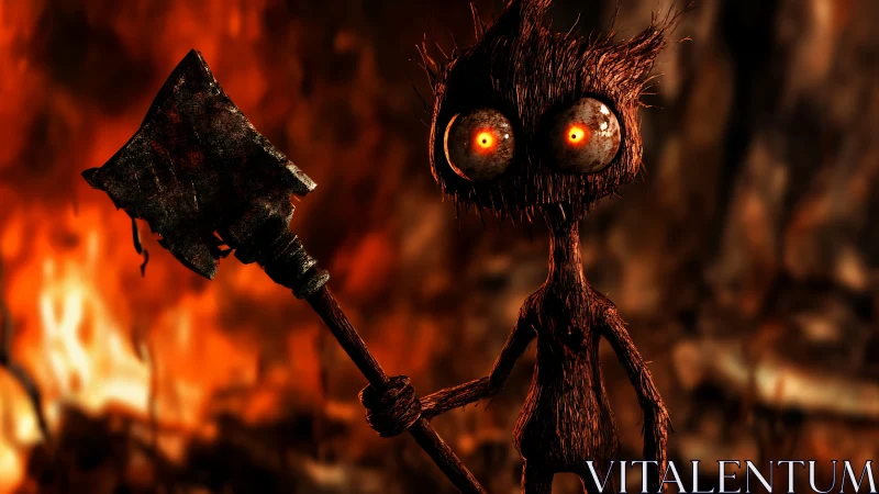 Charred axial-eyed creature with battle axe before inferno.