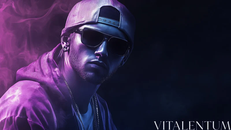 Male figure in cap and hoodie under purple side lighting.