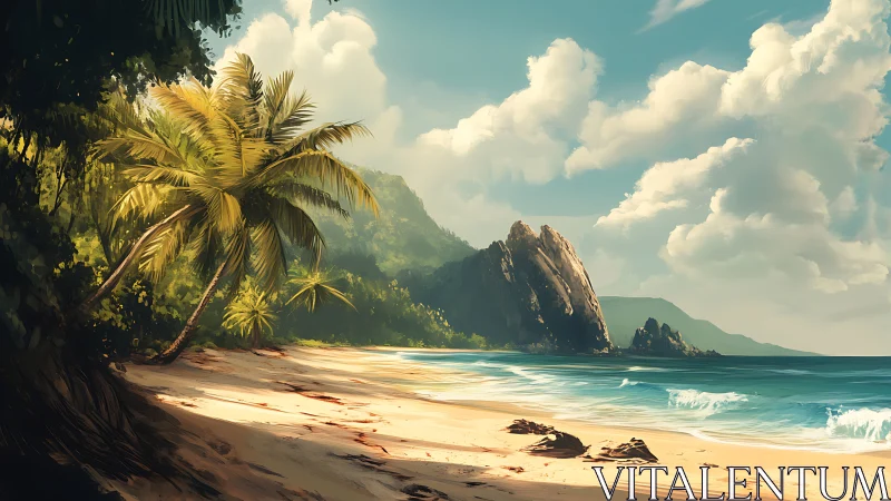 Tropical Coastline with Verdant Mountain Formations, Palm Vegetation. Digital Rendering.