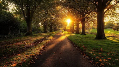 Sunlit tree-lined pathway extends through a managed park landscape