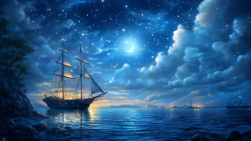 Moonlit tall ship on glowing celestial night sea.