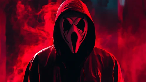 Hooded masked figure in red smoke filled digital artwork.