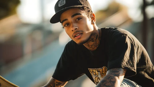 Young skateboarder looks at camera in warm outdoor light