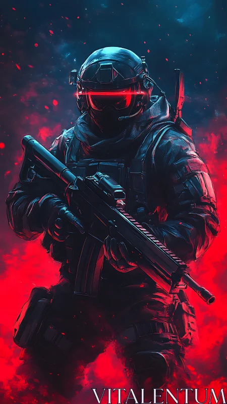 Neon-visor commando emerging from crimson battlefield haze.