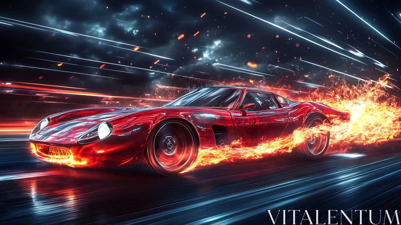Blazing red supercar racing through a storm of neon light.