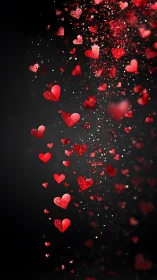 Dispersing red hearts and glowing particles against dark background.