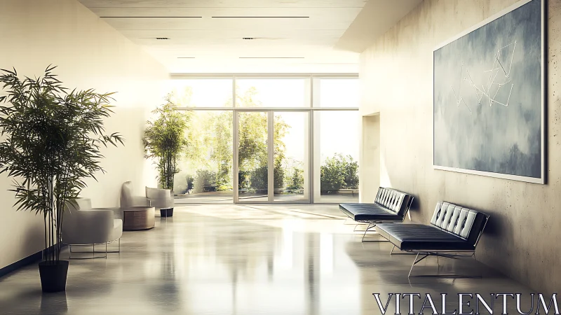Modern corridor with seating, indoor plants and wall art.