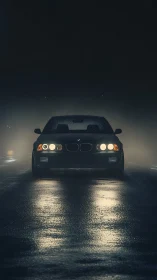 Midnight drive with a classic car in glowing streetlight.