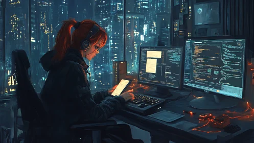 Cyberpunk programmer operates multi-monitor rig in neon-lit tower