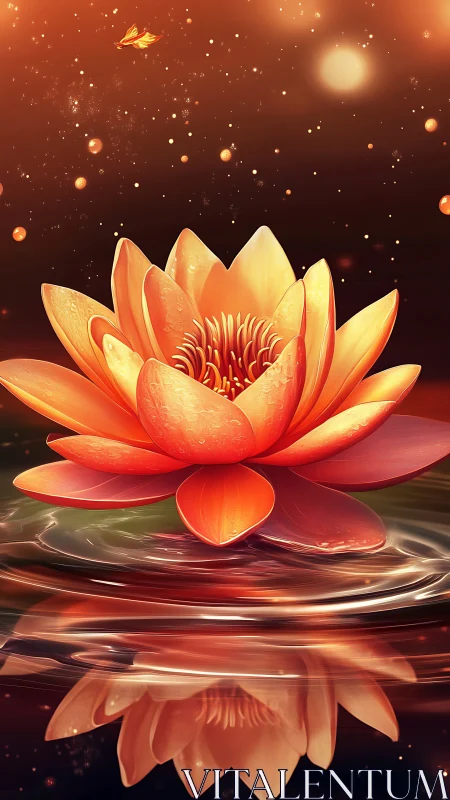 Radiant lotus drifting through a dreamy starlit water sky.