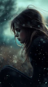 Quiet winter girl lost in thought under softly falling snow.