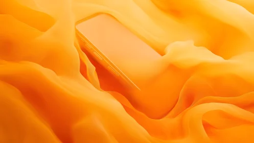 Modern smartphone partially covered in flowing orange fabric, soft style.