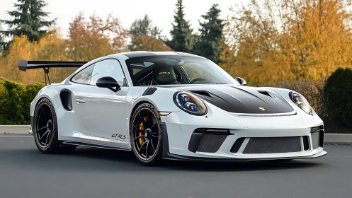 White Porsche 911 GT3 RS parked on smooth asphalt surface.