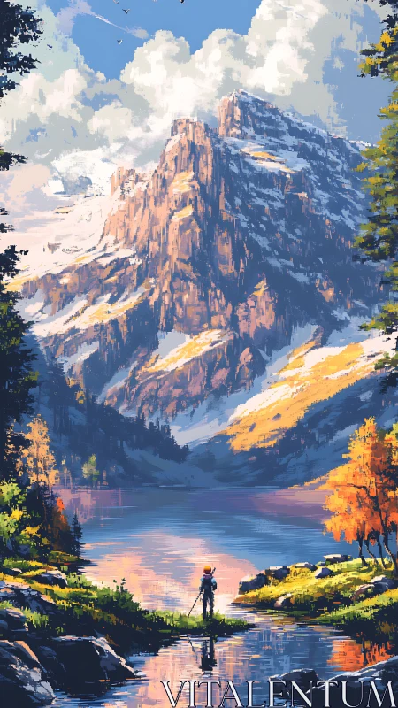 Solitary figure before alpine lake and snowlit mountain peak.