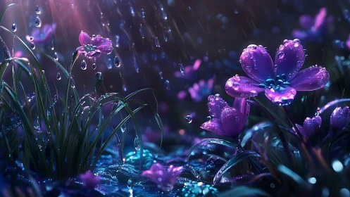 Neon Flowers in Rainfall: Digital Botanical Fantasy.