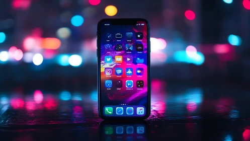 Smartphone with neon interface on reflective urban night surface