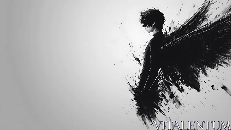 Monochrome winged figure rendered in dynamic ink-splatter abstraction