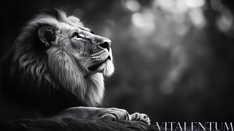 Male lion in side profile, black and white portrait study.