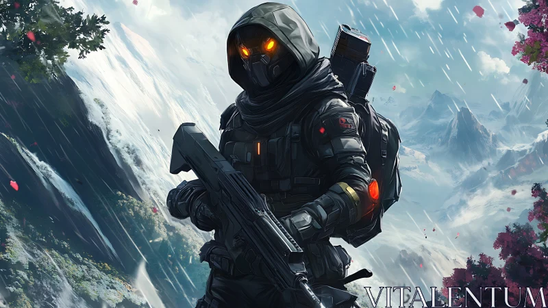 Armored rifle operative in snowy mountain landscape scene.