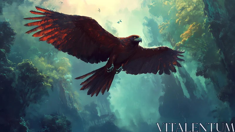 Majestic red eagle soaring over misty forest in digital fantasy art.