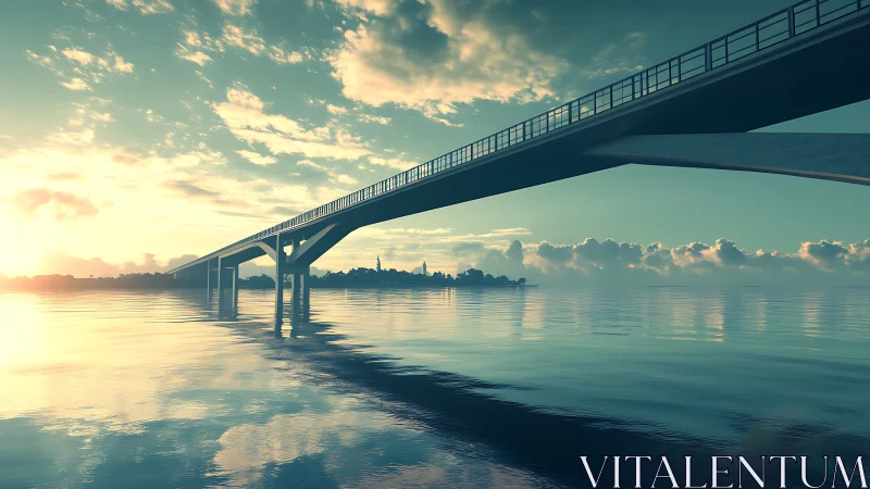Sunlit coastal bridge spanning tranquil reflective waters.