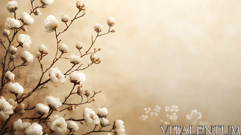 Magnolia blossoms drift softly across warm beige sky.