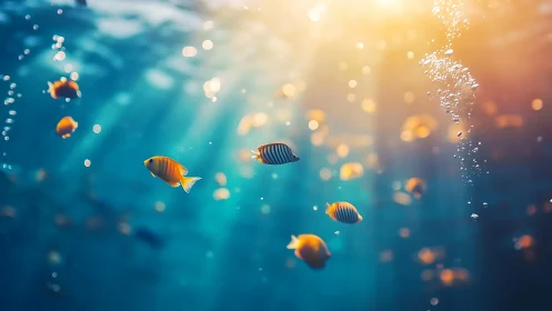 Sunlit tropical fish drift through tranquil underwater light