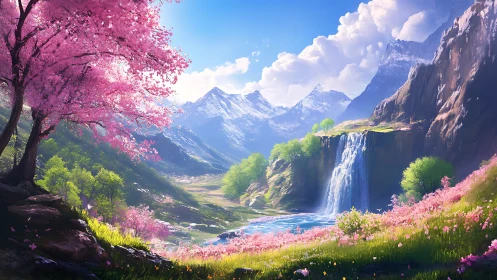 Blossoms lean toward a crystal waterfall in bright alpine hush