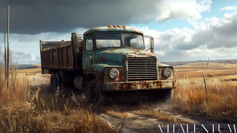 Rusty farm truck stands weathered on rural dirt road