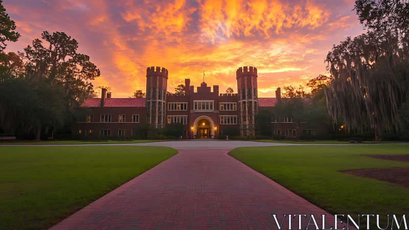 Golden sunset welcomes visitors to a stately brick campus hall