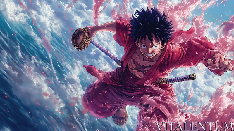 Straw-hatted warrior leaping above ocean in vivid motion.