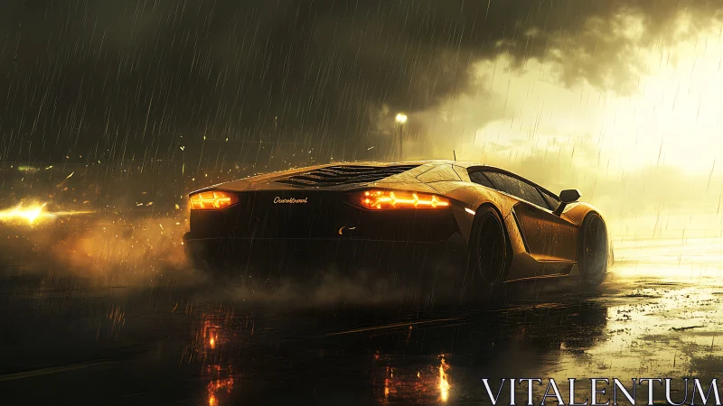 Orange supercar accelerates on wet road in heavy rain.