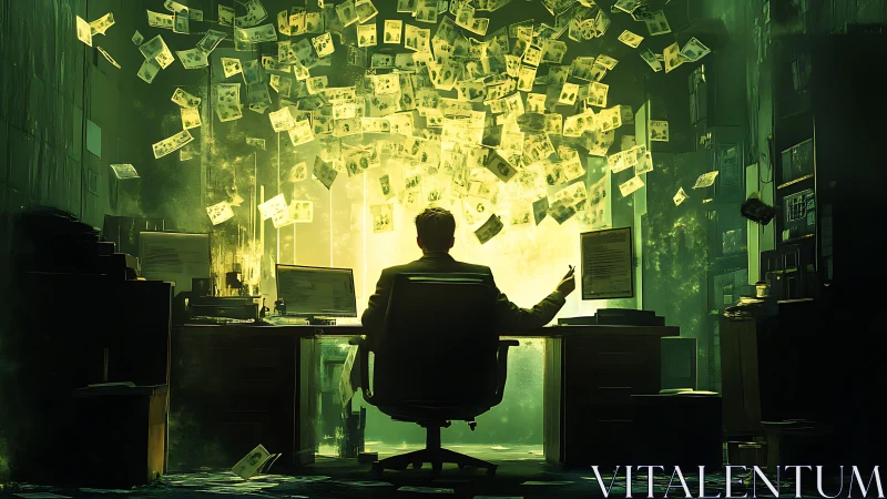 Man in dark office surrounded by floating banknotes and glow.