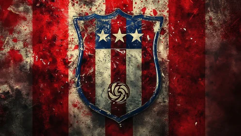 Battle-scarred shield crest on blood-red striped storm.