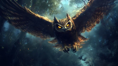Majestic owl in flight through mystical forest, digital fantasy art.