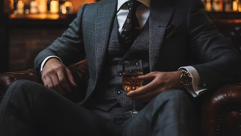 Suit-clad storyteller cradles whisky in low-lit hush.