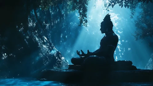 Meditating deity statue under ethereal blue forest light.