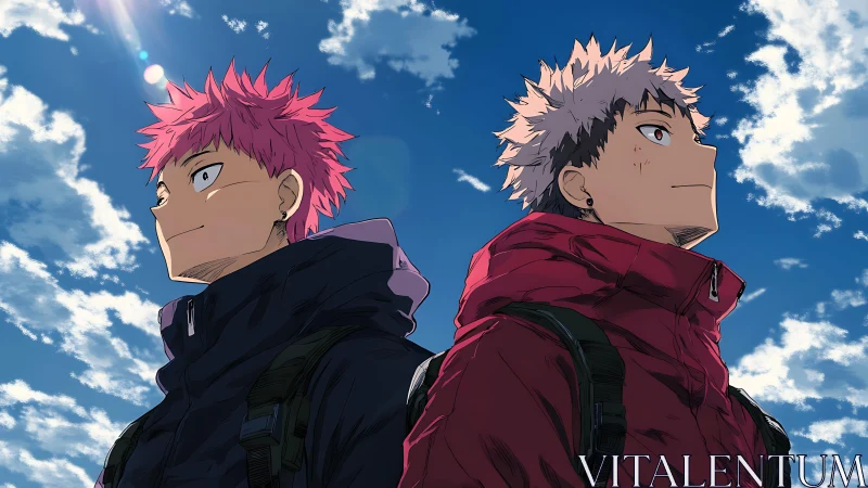 Dual anime protagonists in winter gear under high-contrast sky