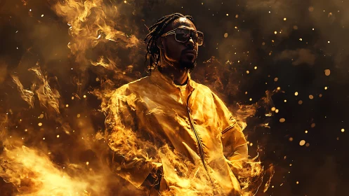 Figure surrounded by flames, wearing yellow jacket