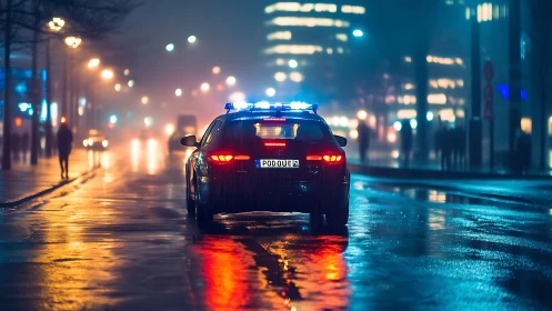 Police vehicle drives on wet city street at night in rain