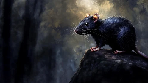 Solitary black rat surveys a misty forest from a rock
