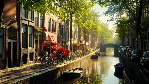 Tree lined canal street with bicycles and moored boats.