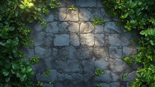 Sunlit stone pathway framed by lush creeping foliage.