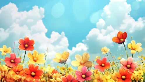 Rendered floral composition displaying multi-colored flowers against blue sky and clouds.