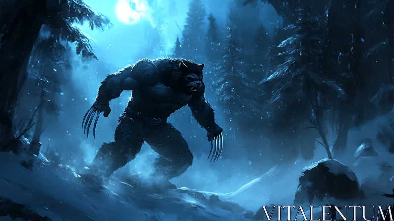 Ferocious werewolf stalks moonlit snowbound forest trail.