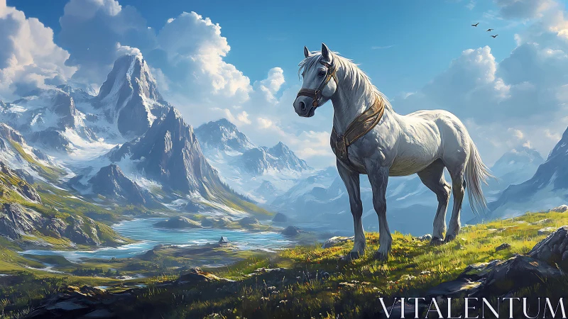 White warhorse in alpine valley under towering glacial peaks