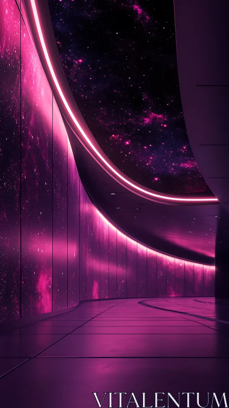 Curved corridor with magenta illuminated cosmic panels.