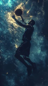 Basketball player leaps through cosmic light explosion