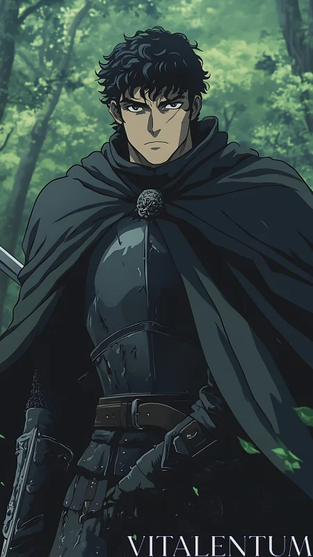 Brooding anime swordsman in dark armor within forest.