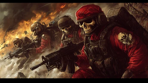 Skull-helmed shock troopers surge forward through burning dusk